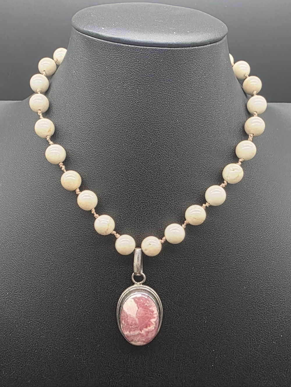Beaded Rhodochrosite Pendant Necklace - Pink Beads